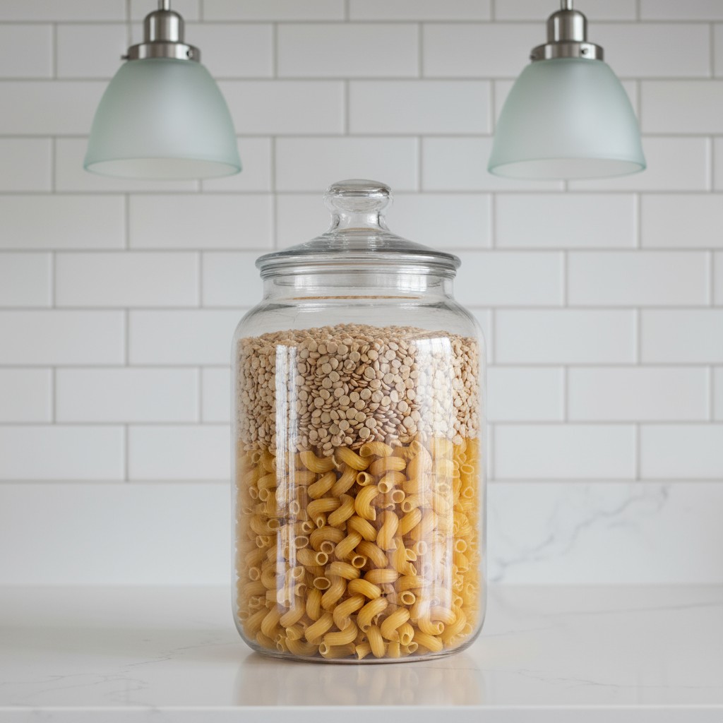 A glass jar set on a countertop above a marble surface, filled with a mixture of food items in various shapes and sizes, i...