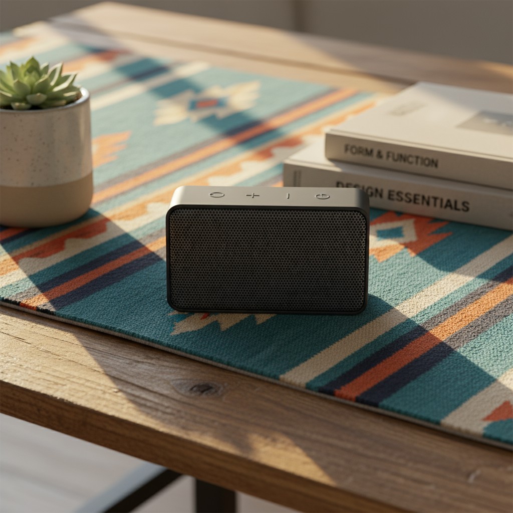 A black rectangular speaker with three buttons is displayed on a wooden table, accompanied by a potted plant and two books...