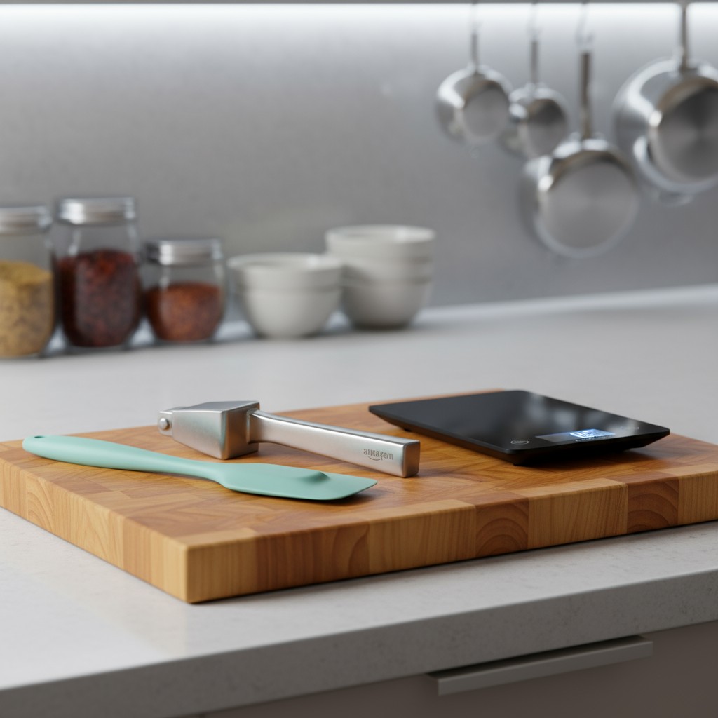 A kitchen counter with a wooden cutting board, a phone and utensils on it. The cutting board is made of wood and is light ...
