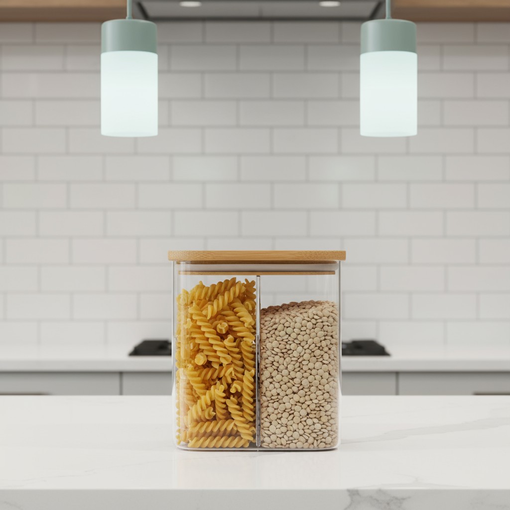 A close-up photograph of the kitchen island's countertop beneath a kitchen light fixture made from glass and wood hung fro...